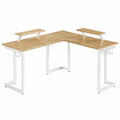 Escritorio en L con elevadores de monitor tablero de partículas melamina roble natural estructura de acero blanco 150 cm x 150 cm x 75 cm