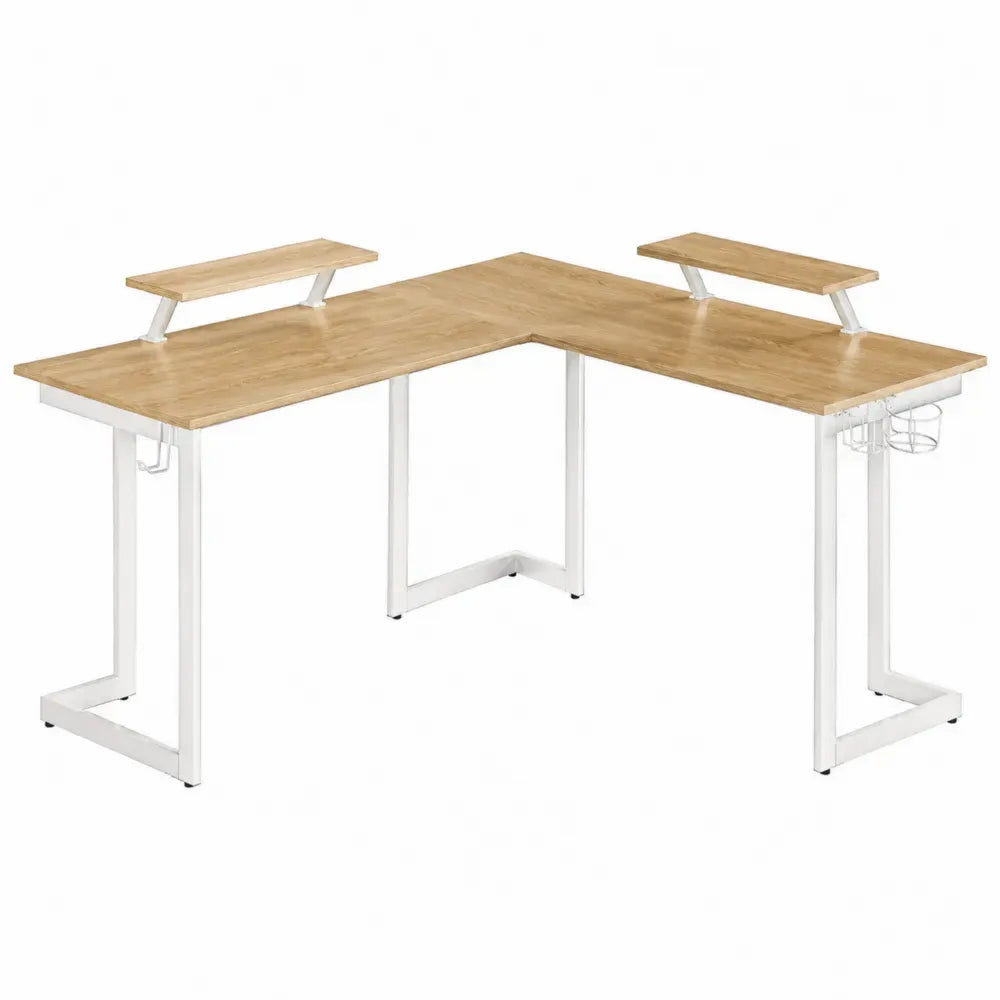 Escritorio en L con elevadores de monitor tablero de partículas melamina roble natural estructura de acero blanco 150 cm x 150 cm x 75 cm