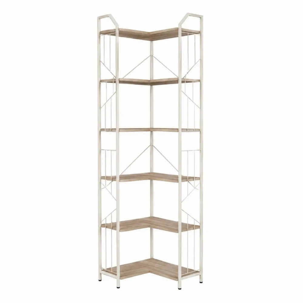 Estantería rinconera de acero y MDF de 5 niveles forma angular blanco roto roble claro 48 cm x 48 cm x 170 cm