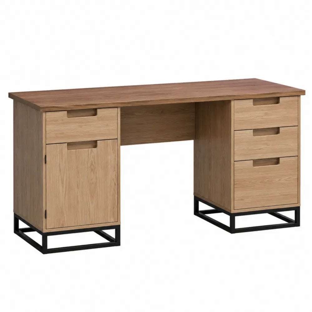 Escritorio rectangular con cajones y armario tablero de partículas melamina madera natural estructura de acero negro 150 cm x 60 cm x 75 cm