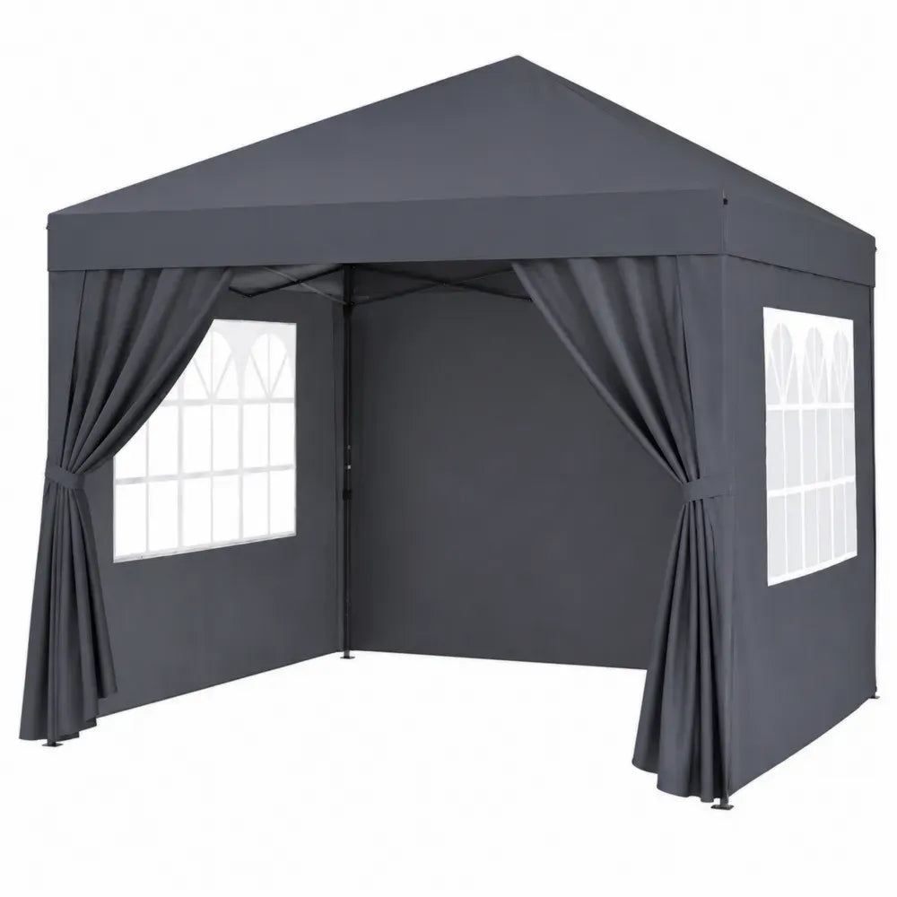 Pérgola cenador de jardín 3 x 3 m estructura de acero techo de poliéster gris oscuro con cortinas laterales y ventanas PVC