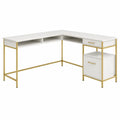 Escritorio esquinero en L 140 x 120 x 75 cm MDF blanco con estructura metálica dorada cajones laterales y estantes abiertos