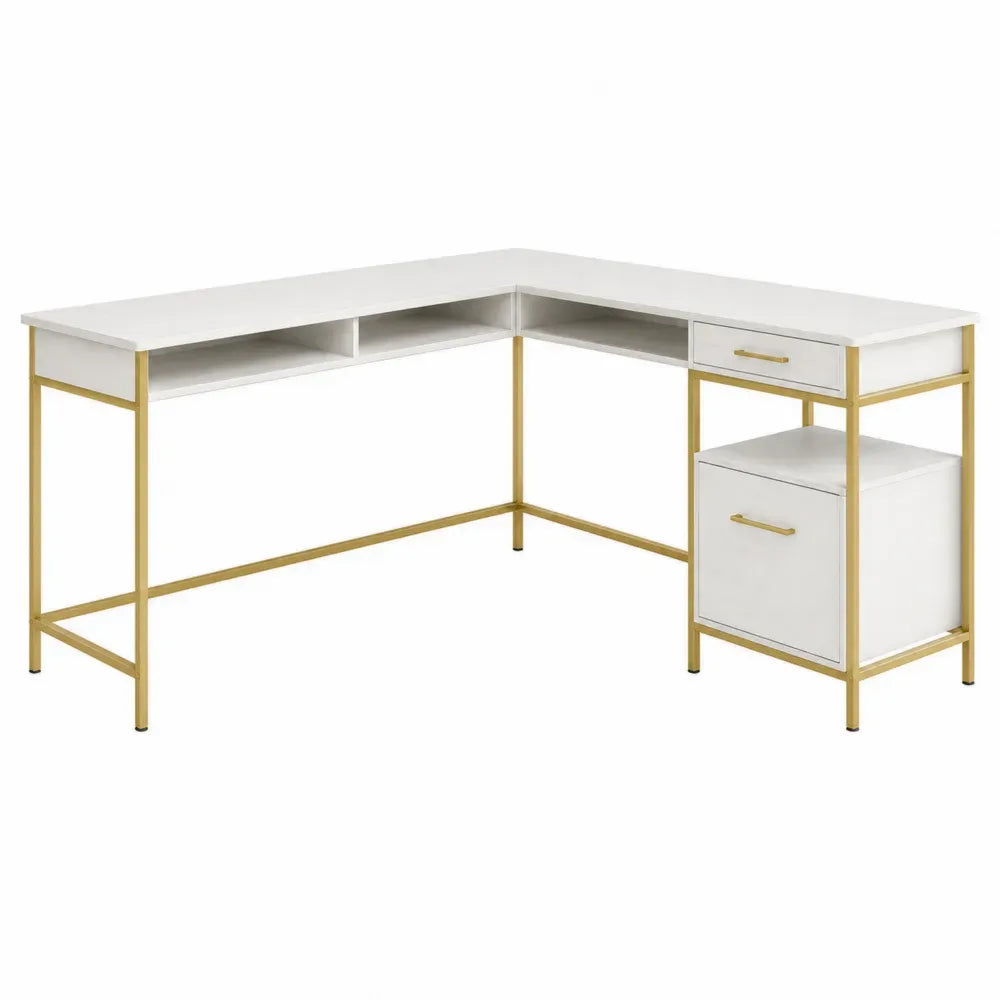 Escritorio esquinero en L 140 x 120 x 75 cm MDF blanco con estructura metálica dorada cajones laterales y estantes abiertos