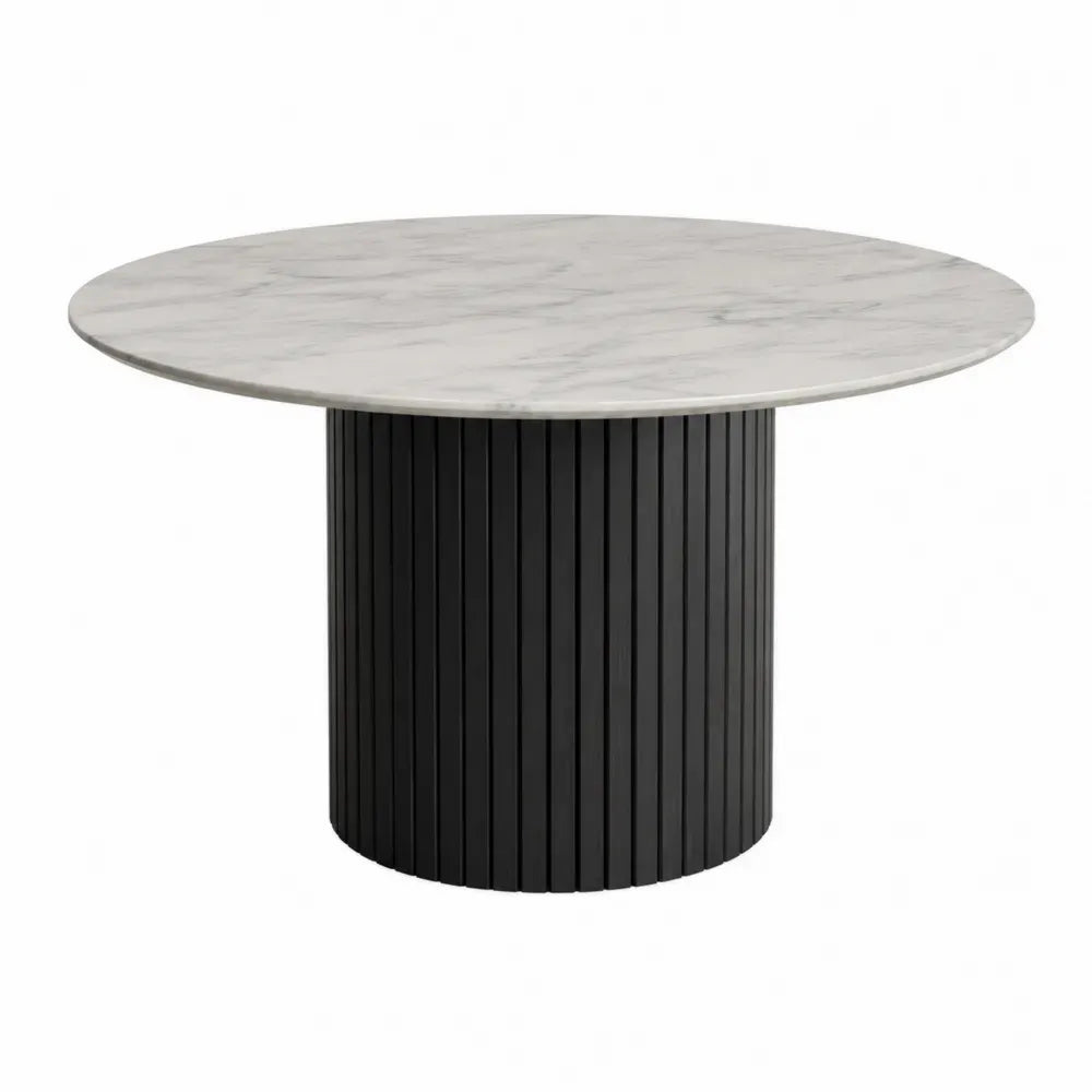 Mesa de comedor redonda MDF efecto mármol blanco base cilíndrica acanalada negra 120 x 120 x 76 cm