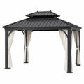 Pérgola de jardín metálica con techo rígido y cortinas de poliéster estructura de acero negro 300 x 300 x 280 cm