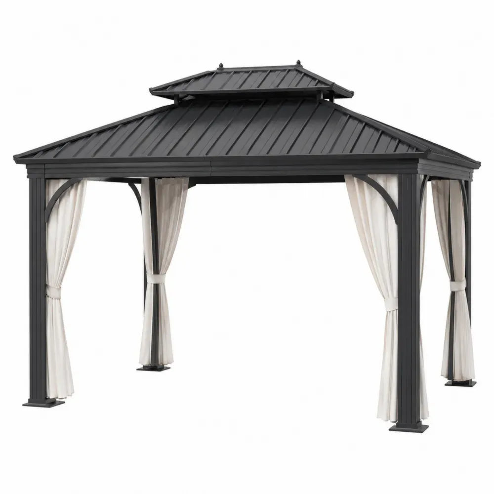 Pérgola de jardín metálica con techo rígido y cortinas de poliéster estructura de acero negro 300 x 300 x 280 cm