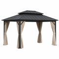 Cenador de exterior cuadrado con techo rígido metálico cortinas de poliéster estructura de acero negro beige 300x300x280 cm