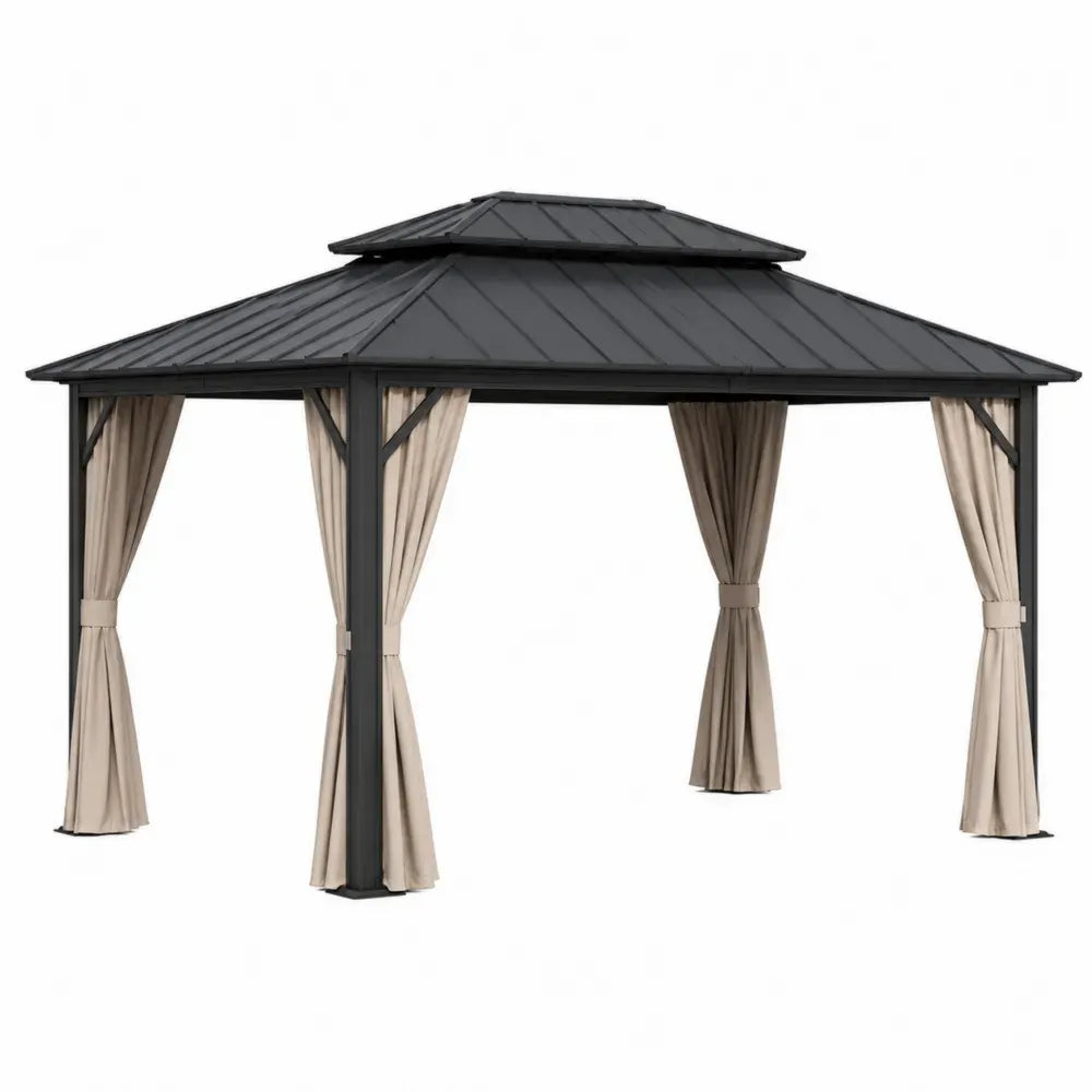 Cenador de exterior cuadrado con techo rígido metálico cortinas de poliéster estructura de acero negro beige 300x300x280 cm