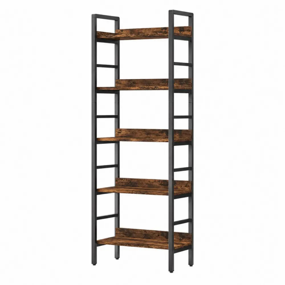 Estantería librería industrial de 5 niveles acero negro tablero de partículas roble rústico 60 cm x 30 cm x 180 cm