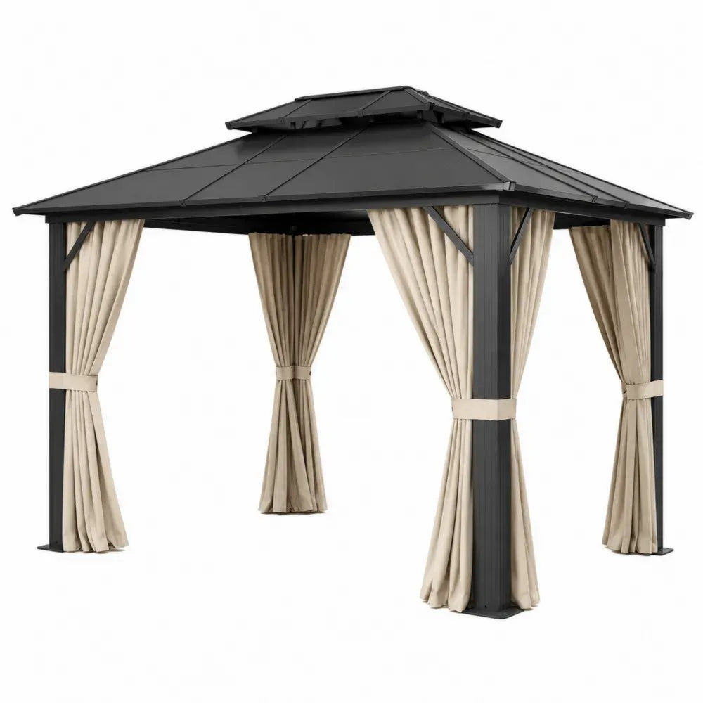Cenador de exterior cuadrado con techo rígido metálico cortinas de poliéster estructura de acero negro beige 300x300x280 cm