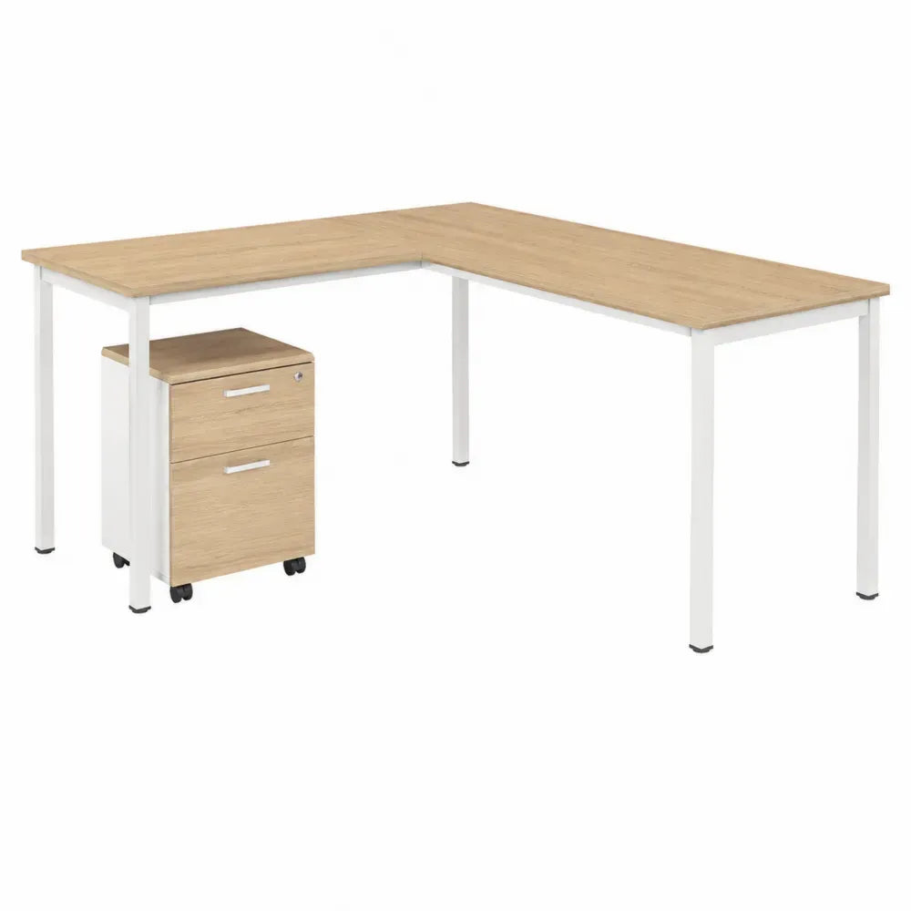 Escritorio esquinero en L con cajonera móvil tablero de partículas melamina roble claro estructura de acero blanco 150 cm x 150 cm x 75 cm