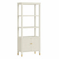 Librería estantería de oficina 70 x 35 x 180 cm MDF lacado crema con 4 estantes y armario inferior de 2 puertas con tiradores dorados