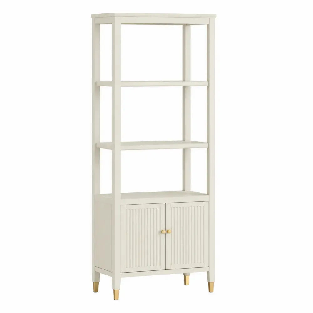 Librería estantería de oficina 70 x 35 x 180 cm MDF lacado crema con 4 estantes y armario inferior de 2 puertas con tiradores dorados