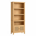 Librería estantería de oficina madera roble claro con estantes abiertos y armario inferior con puertas de ratán 60 cm x 30 cm x 180 cm