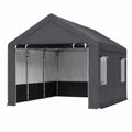 Gazebo de jardín 300 x 300 x 250 cm estructura de acero negro techo de poliéster Oxford gris oscuro con paredes laterales enrollables y ventanas PVC