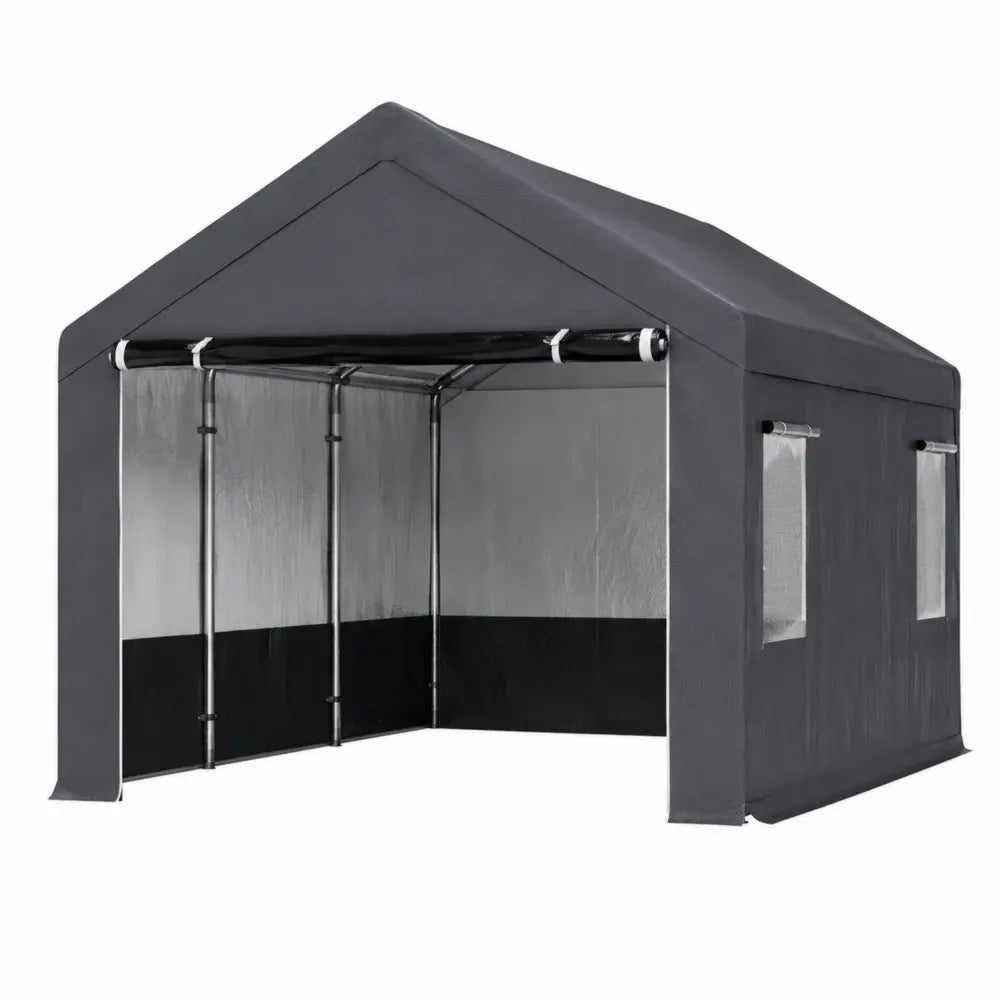 Gazebo de jardín 300 x 300 x 250 cm estructura de acero negro techo de poliéster Oxford gris oscuro con paredes laterales enrollables y ventanas PVC