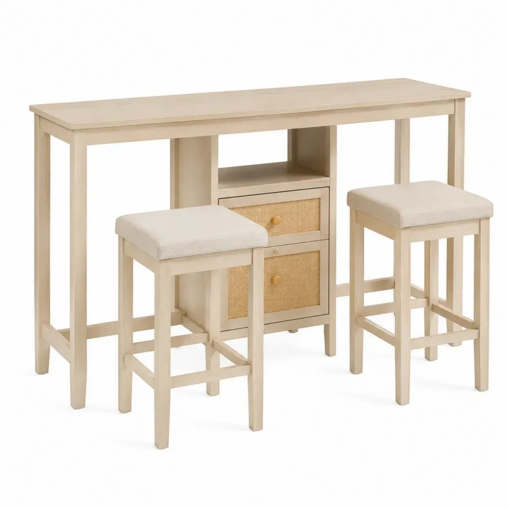 Conjunto de mesa alta rectangular con 2 taburetes MDF color crema y paneles de ratán 140 x 45 x 90 cm