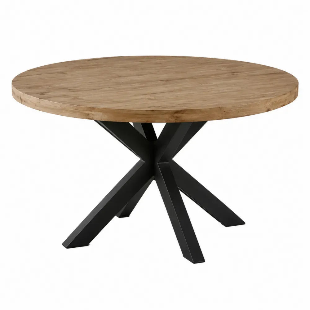 Mesa de comedor redonda de madera maciza de acacia 120x76 cm con base cruzada de acero negro