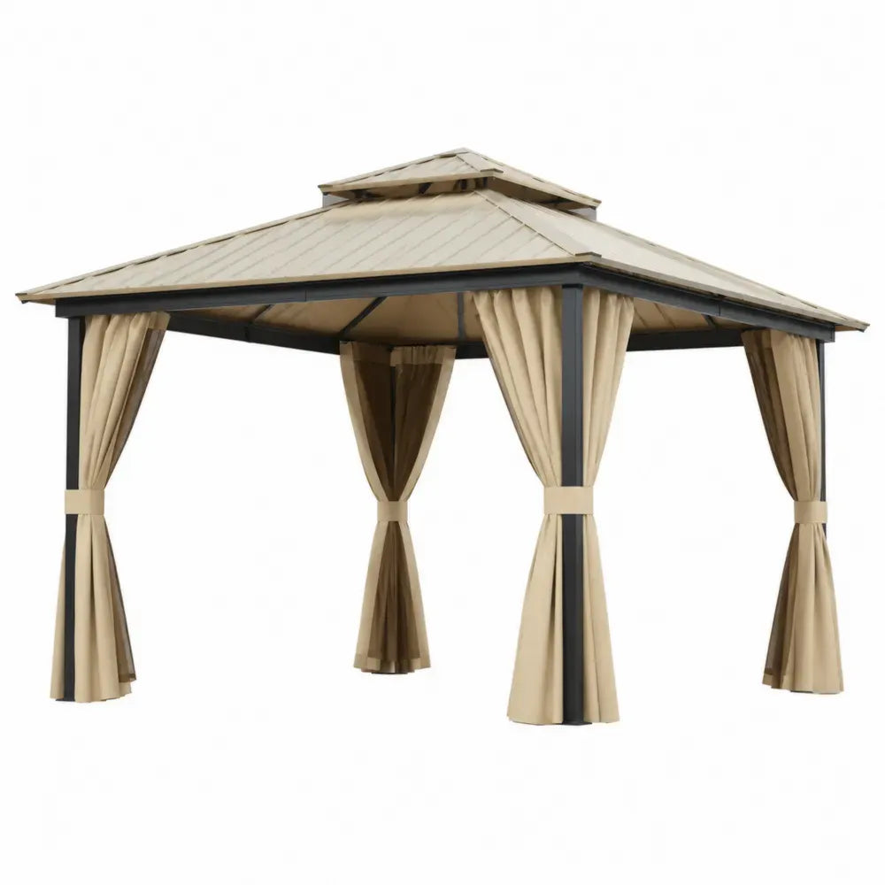Cenador de exterior cuadrado con techo rígido metálico cortinas de poliéster estructura de acero negro beige 300x300x260 cm