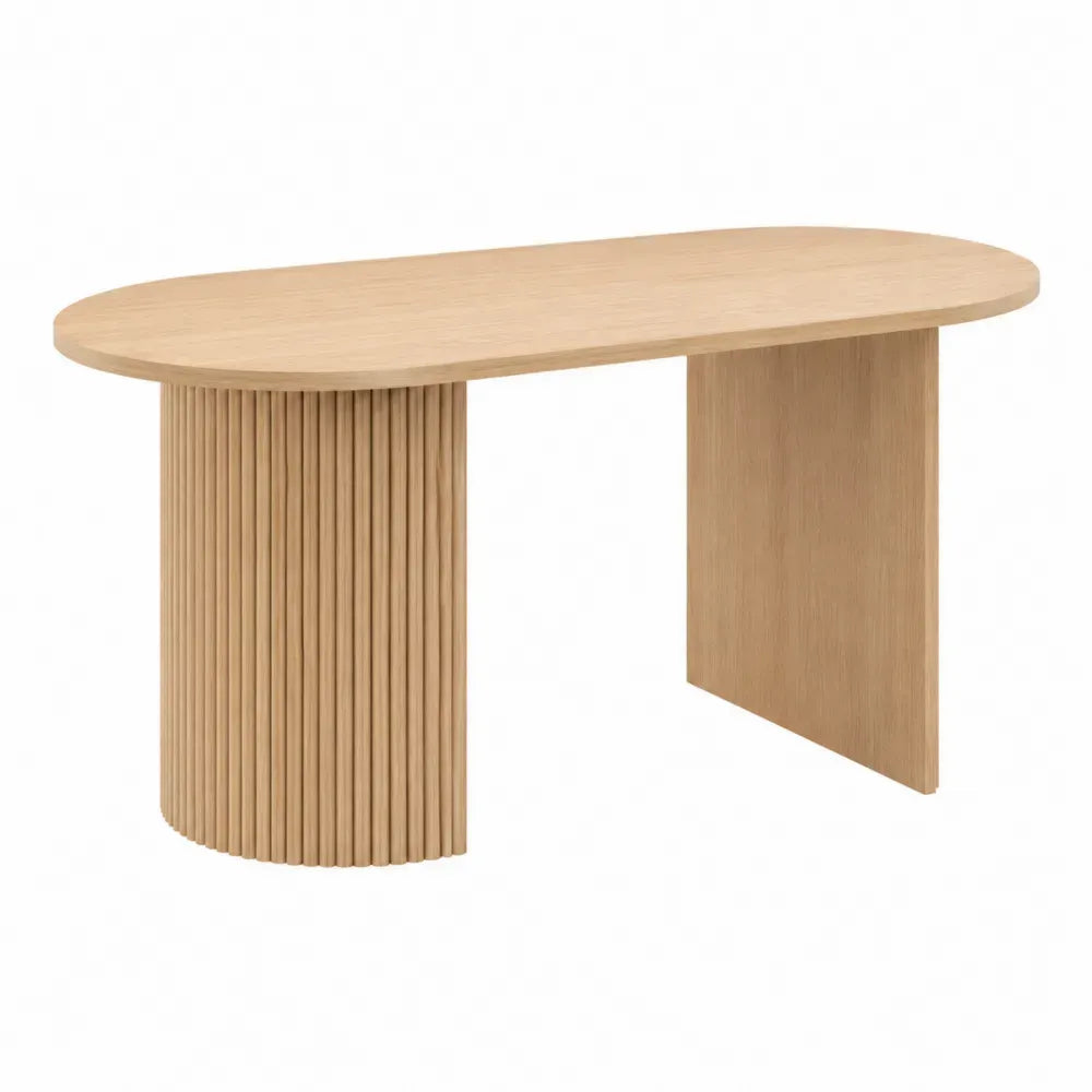 Mesa de comedor ovalada MDF melamina roble claro 160x90x76 cm con base acanalada y soporte lateral