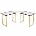 Escritorio esquinero en L de vidrio templado 160 x 160 x 75 cm con estructura de acero dorado y perfiles negros