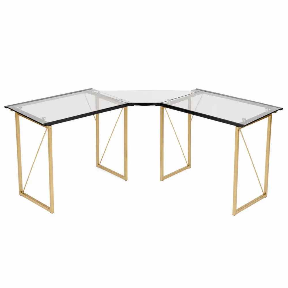 Escritorio esquinero en L de vidrio templado 160 x 160 x 75 cm con estructura de acero dorado y perfiles negros